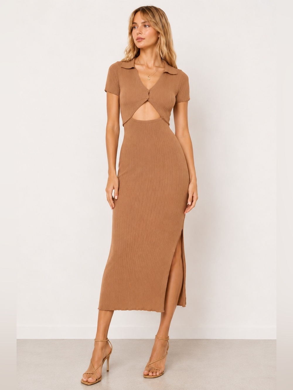 ✨ L*Space Lena Dress Size S Camel Ribbed Knit Cutout Midi Dress 🤎✨